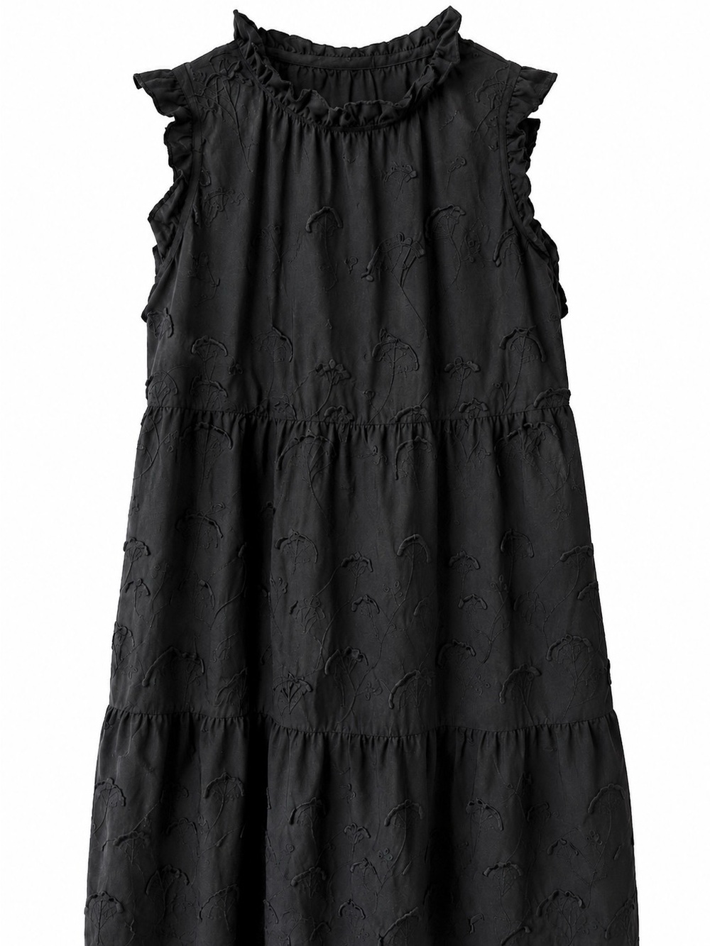 Ruffled Neck Sleeveless Black Maxi Dress